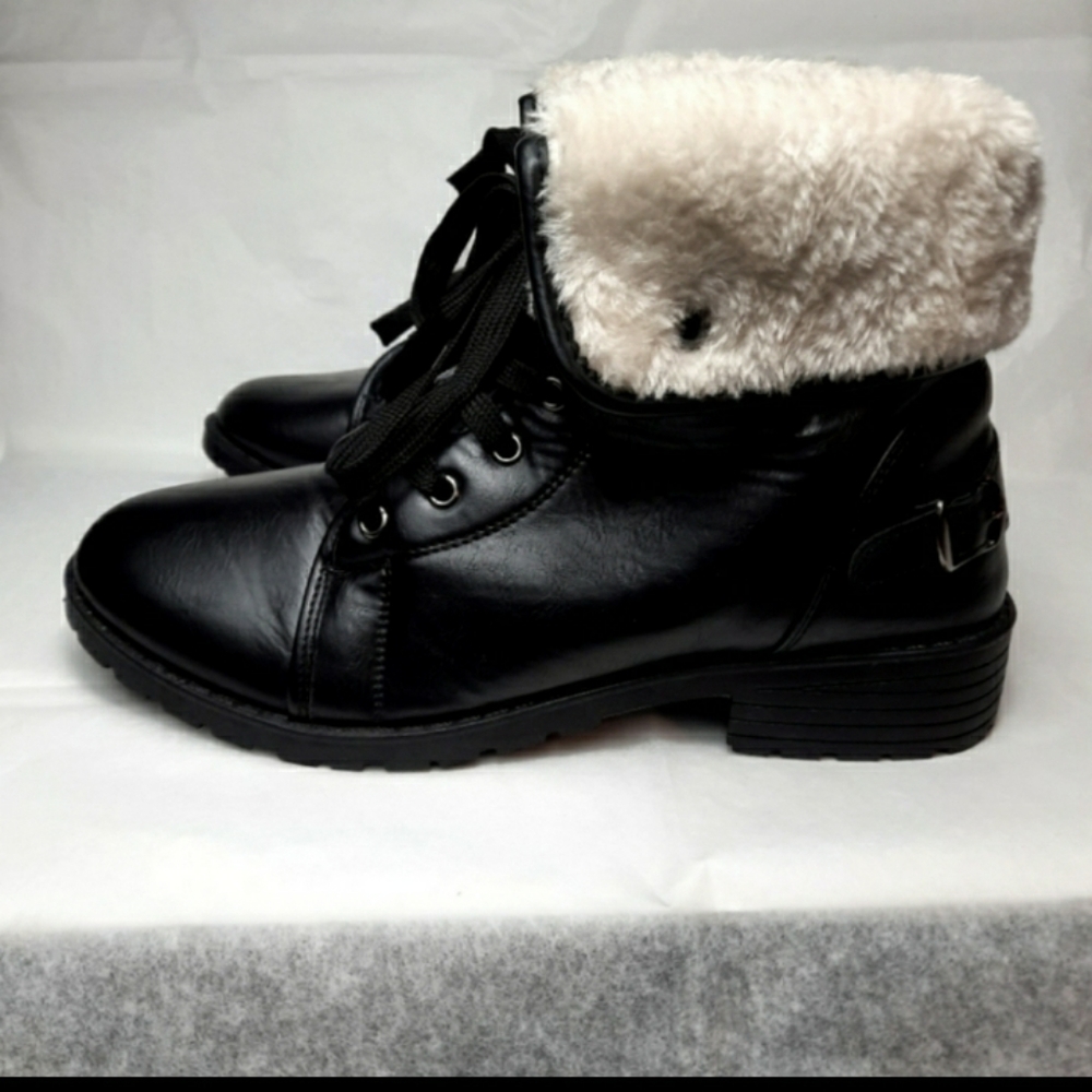 Black Fur Trim Combat Ankle Boots